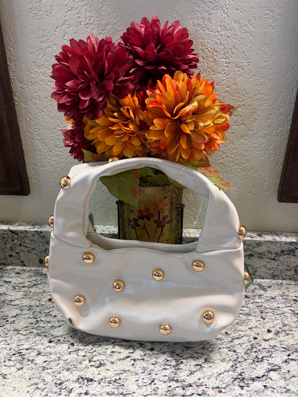 Chic Cream Mini Top-Handle Bag with Gold Studs